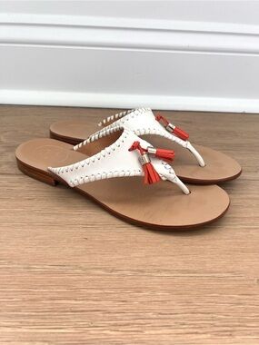 Jack Rogers White Leather Alana Thong Sandals with Orange Tassels Sz 7.5